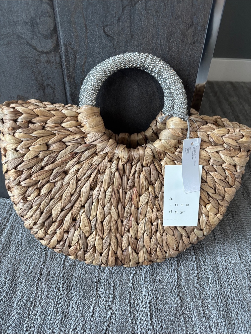 a new day Natural Straw Tote with Sparkle Beaded Handles